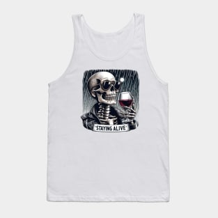 "Staying Alive" Skeleton Drinking Wine Tank Top